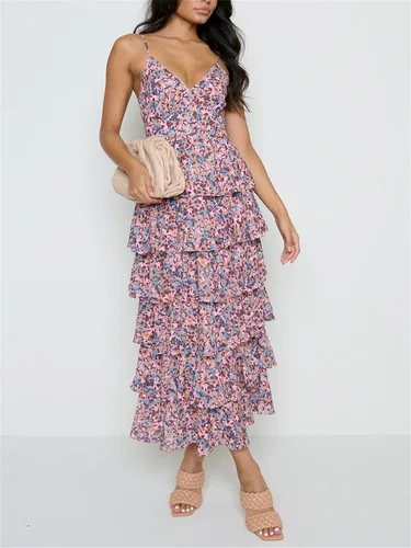 Vista 4 de Sunloudy Vestido ajustado sexy con volantes para mujer, con tirantes delgados, sin mangas, dobladillo con volantes, ropa de calle para la playa