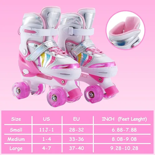 Vista 2 de Patines ajustables para niños y niñas, niños pequeños, jóvenes, color rosa, 4 tamaños, ajustables, para niños y niñas, para tallas 11J hasta