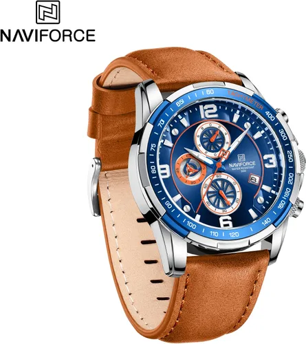 Vista 4 de NAVIFORCE Relojes de cuarzo para hombre cronógrafo correa de cuero diseño deportivo de negocios impermeable resistente a los arañazos regalos