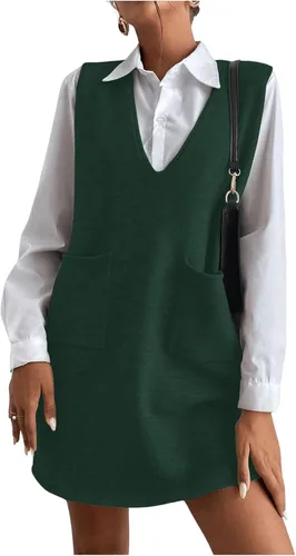 Vista 12 de OYOANGLE Vestido corto de punto con cuello en V sin mangas para mujer, liso, con bolsillos Verde militar