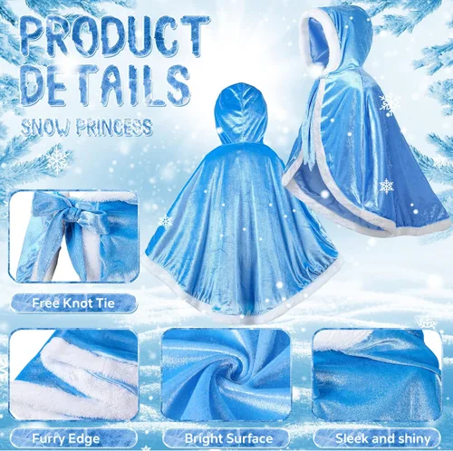 Vista 4 de Unittype Capa de princesa azul con capucha para niña, disfraz de princesa para Navidad, Año Nuevo, cumpleaños, fiesta de cosplay