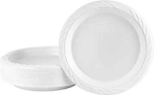 Vista 3 de Blue Sky Platos de plástico blanco de 6 pulgadas, 100 platos de plástico desechables, aptos para microondas, perfectos para fiestas de cumpleaños