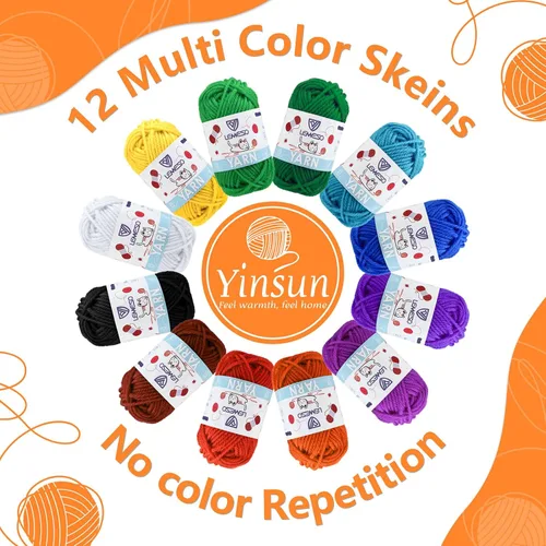 Vista 4 de Yinsun 12 madejas de hilo acrílico, 12 colores de hilo mini para crochet en masa para niños, punto y ganchillo para adultos (12 x 15 g)