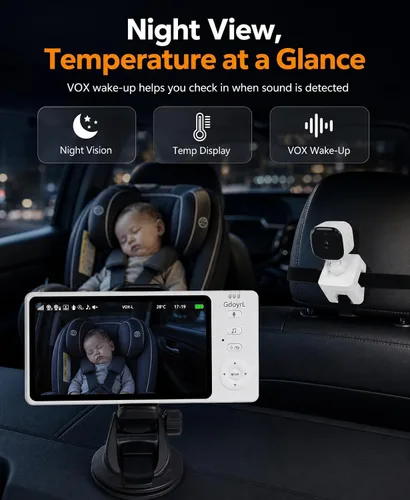 Vista 5 de Cámara inalámbrica de coche para bebé de 5 pulgadas HD 1080P IPS para asiento trasero de automóvil, alimentado por USB, monitor de asiento trasero