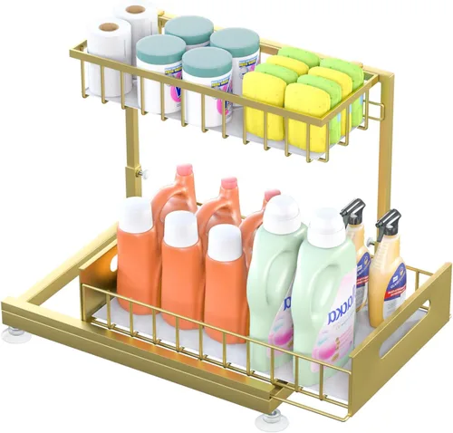 Vista 11 de Saydear Organizador de almacenamiento para debajo del fregadero, organizador de armario de cocina extraíble de 2 niveles con cajón deslizante, Negro