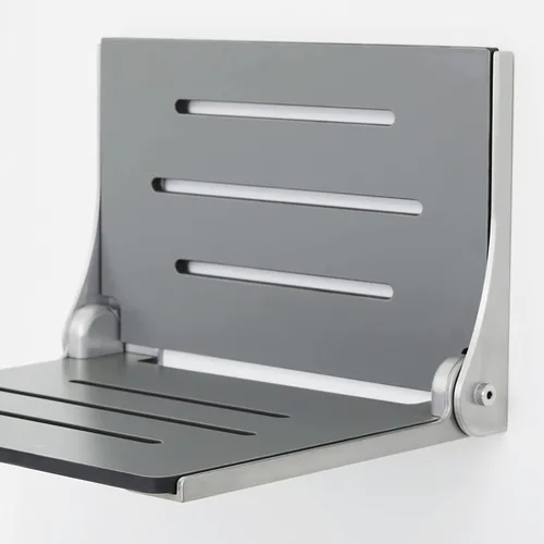 Vista 5 de Seachrome Lift-Assist Silhouette - Ducha plegable con respaldo alto, asiento de almendra con marco de bronce
