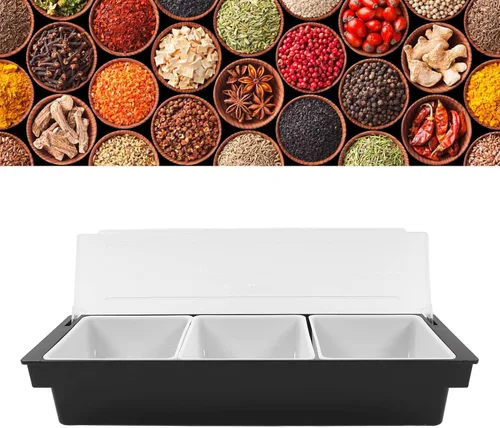 Vista 7 de Caja de condimentos de cocina, ollas de cocina, tapa de plástico, múltiples compartimentos, contenedor de frutas, contenedor de almacenamiento