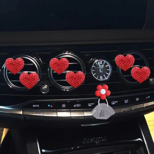 Vista 5 de Clips de ventilación con corazón brillante, 6 piezas de ambientadores de coche en forma de corazón rojo, decoración interior de coche con diamantes