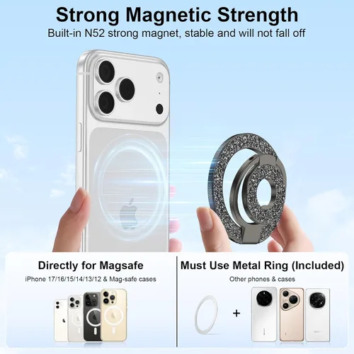 Vista 2 de Anillo magnético para teléfono MagSafe Grip, soporte magnético de doble cara para iPhone Air 17 16 16e 15 14 13 12 Pro Max Mini Plus, soporte
