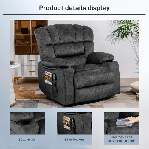 Vista 4 de Silla reclinable moderna ergonómica para sala de estar, sofá individual, con relleno de espuma, 2 portavasos y bolsillo lateral