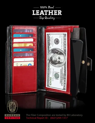 Vista 2 de DemonHunter Cartera de piel auténtica con bloqueo RFID de gran capacidad para mujer DZA2083 Carmín Cartera RFID