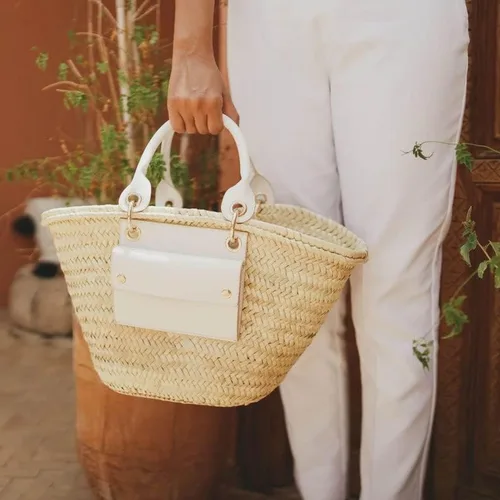 Vista 4 de Cesta francesa bolsa de paja con asas de cuero bolsa de playa, bolsa de paja, cesta de mercado