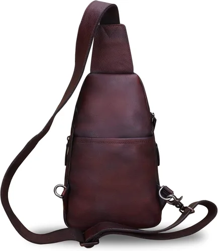 Vista 3 de LRTO Bolso de cuero genuino para mujeres y hombres, mochila vintage de cuero real, bolso cruzado de hombro, bolso de pecho