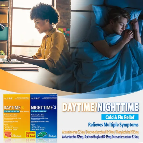 Vista 4 de HealthA2Z® Diurno y nocturno Medicina para el resfriado y la gripe Potente alivio diurno y nocturno multisíntomas