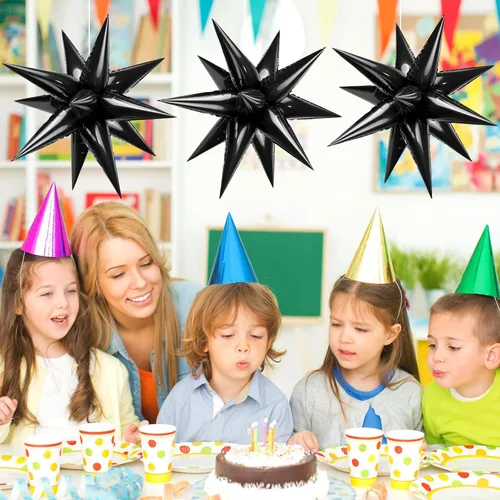 Vista 4 de 60 unidades de globos de estrella negros con explosión de 12 puntas de papel de aluminio con forma de cono mágico grande para decoración de fondo