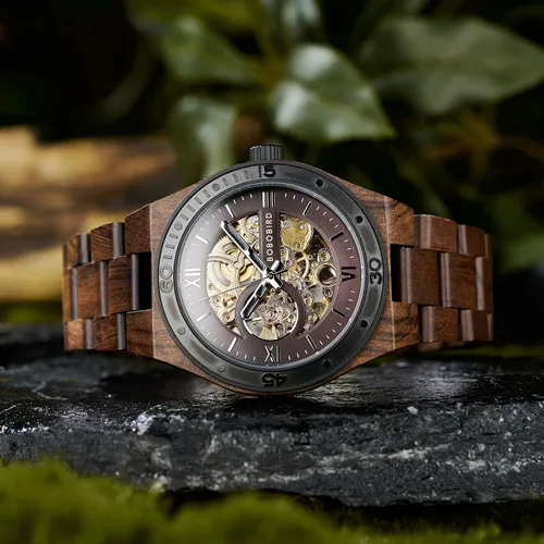 Vista 9 de BOBO BIRD Relojes de madera para hombre, reloj mecánico de esqueleto, relojes de pulsera ligeros de lujo con correa de madera natural de colección