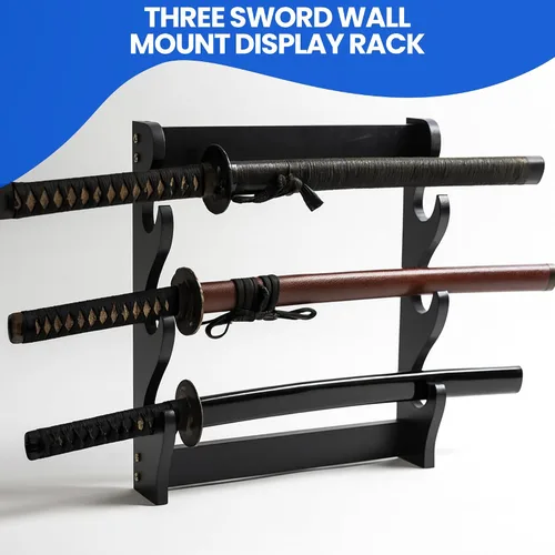 Vista 2 de SZCO Estante de exhibición de pared Three Sword – Soporte de madera de 3 niveles para samuráis, katana y espadas coleccionables – Percha de pared