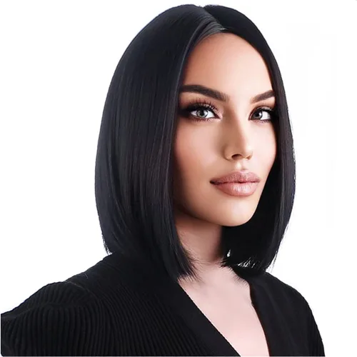 Vista 2 de Pelucas de cabello negro corto y lacio negro para mujer, peluca de cosplay con parte lateral, resistente al calor, pelucas sintéticas de aspecto