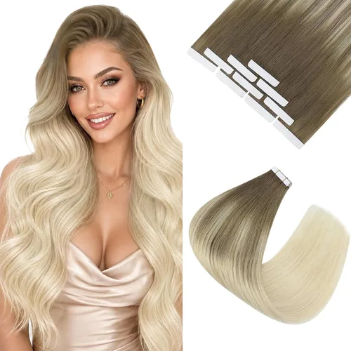 Vista 37 de Ve Sunny Extensiones de cabello humano real con cinta, cabello humano Remy, lacio, doble cara, color marrón oscuro, balayage, rubio dorado oscuro