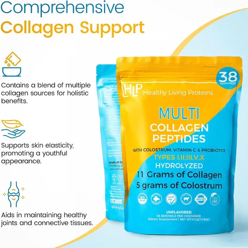 Vista 3 de Suplemento de colágeno HLP para una mejor absorción y apoyo inmunológico, polvo de péptidos de colágeno múltiple con calostro, mejora la fuerza