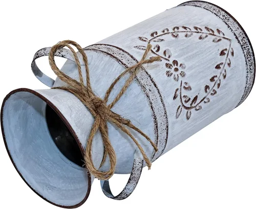 Vista 3 de Jarrón rústico Shabby Chic para flor, acabado galvanizado con asa, jarrón vintage de granja para centros de mesa con forro de agua de 7.7 pulgadas