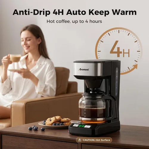 Vista 6 de Cafetera de 12 tazas, cafetera de goteo grande con tanque de agua Plateado