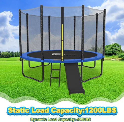 Vista 2 de Trampolines de 12 pies y 14 pies con red de seguridad deslizante, trampolín al aire libre para niños y adultos con alfombrilla de salto resistente