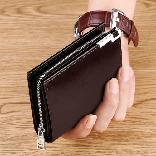 Vista 6 de VANNANBA Cartera de piel auténtica con cera de aceite para hombre, con cierre RFID, con bloqueo RFID, rojo, (claret red), Cartera Rfid