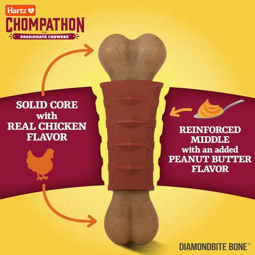 Vista 6 de Hartz Chompathon Diamondbite - Juguete masticable para perros masticadores agresivos, doble capa con sabor a pollo y mantequilla de maní