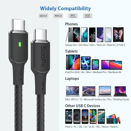 Vista 7 de SOOPII Cable USB C a USB C de 100 W PD [2 unidades de 10 pies] cable tipo C con indicador LED inteligente para lPhone 15/15 Pro/Plus/Pro Max, lPad