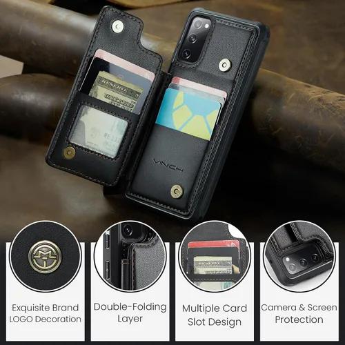 Vista 9 de Vinich - Funda tipo cartera para Samsung Galaxy S20 FE con tarjetero, color negro Ranuras de crédito con bloqueo RFID, soporte para teléfono a