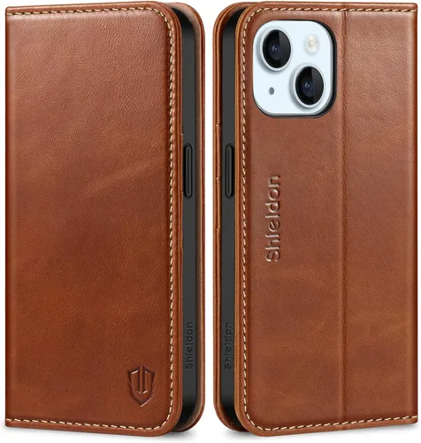 Vista 11 de SHIELDON Funda para iPhone 15 6.1" 2023, Funda Tipo Cartera de Cuero Genuino con [Soporte] [Tarjetero con Bloqueo RFID] [Magnética] Cubierta