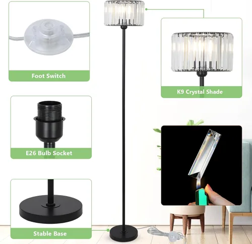 Vista 4 de HMVPL Lámpara de pie negra para dormitorio, moderna lámpara de pie para sala de estar con pantalla de cristal K9, lámpara de pie industrial