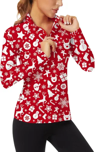 Vista 29 de WOWENY - Camiseta de manga larga con cremallera de 1/4 para mujer, con cuello, para hacer deporte, con estampado, para tenis Hoja multicolor.