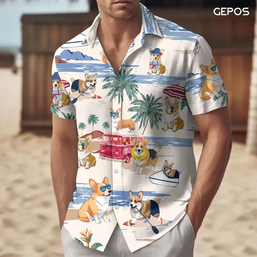 Vista 3 de Camisa hawaiana para hombre, camisa con botones para perro, para vacaciones de verano, camisa de manga corta casual de playa Aloha unisex