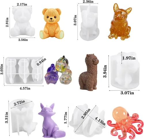 Vista 2 de 6 moldes de resina de animales, alpaca, bulldog, zorro, gato, oso y pulpo, 3D realistas para resina epoxi, molde de exhibición único