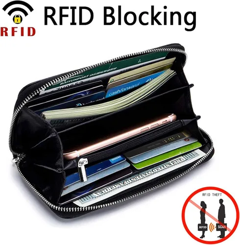 Vista 2 de Moflycom Cartera para mujer con bloqueo RFID, de piel auténtica, con cremallera alrededor, cartera de mano, cartera de mano, cartera larga de viaje