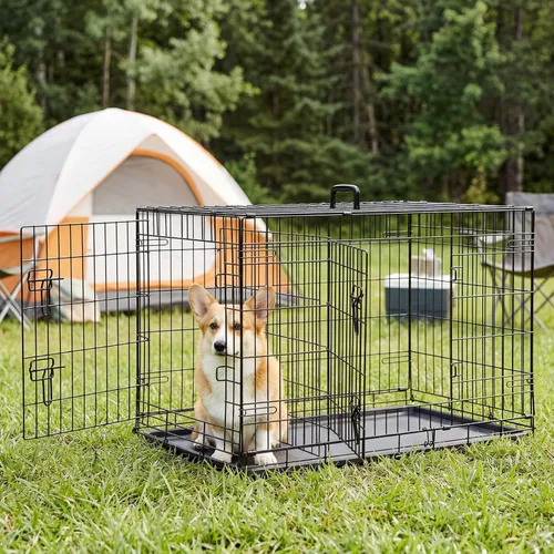 Vista 6 de Sweetcrispy - Jaula grande para perros con panel divisor, de 91 cm, de doble puerta, plegable, de alambre de metal, con bandeja antiderrame