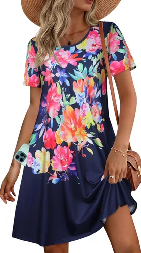 Vista 36 de Vestidos de verano para mujer, informales, holgados, estilo camiseta, florales, de manga corta, con vuelo y bolsillos, para la playa