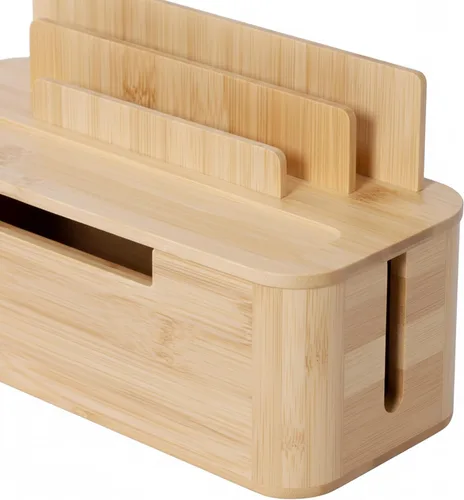 Vista 7 de Relaxdays Caja de cables para 2 regletas de alimentación de bambú, HBT: 6.3 x 11.8 x 5.1 in, soporte para tablet y teléfono celular, color natural