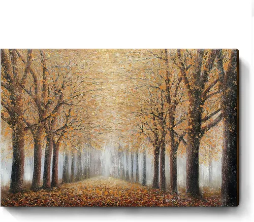 Vista 7 de AMATOP Arte de pared turquesa 100% pintado a mano, pintura al óleo de paisaje forestal en lienzo, obra de arte enmarcada original, pájaro dorado