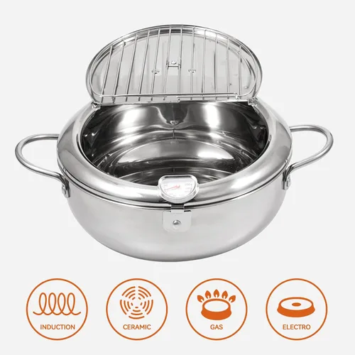 Vista 5 de Kerilyn Olla Freidora Profunda, 9.4 Pulgadas/3.4 L Olla de Freír Tempura de Estilo Japonés con Tapa, Acero Inoxidable 304 con Control de Temperatura