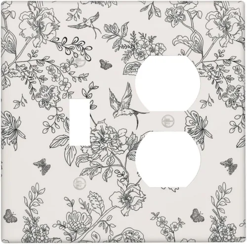 Vista 40 de Cubierta de tomacorriente eléctrico dúplex individual estilo campestre con diseño floral de flores y pájaros en blanco y negro, placa de pared de 1