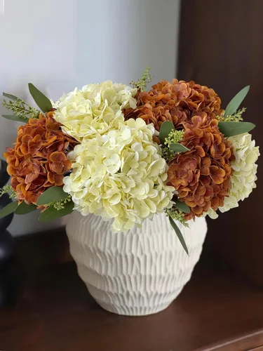 Vista 4 de YalzoneMet 3 unidades de flores artificiales de hortensia color beige cremoso de 21 pulgadas con textura real, flores de látex sintético
