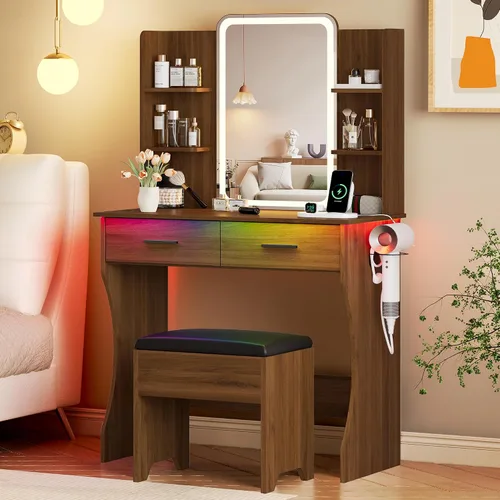 Vista 19 de Escritorio de tocador con espejo iluminado HD y luces, pequeño tocador de maquillaje acanalado con cajones y estantes de almacenamiento, juego
