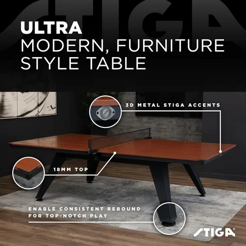Vista 2 de STIGA Mesa de ping pong ultra interior – Mesa de ping pong de grano de madera de 0.709 in con marco de acero, red de torneo y poste, niveladores