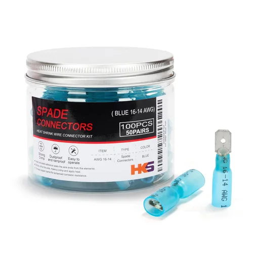Vista 14 de HKS 100 conectores de pala hembra azul 16-14 AWG – Kit de conectores de cable de desconexión rápida eléctricos termorretráctiles – cobre rojo