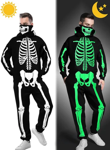 Vista 3 de SOMSOC Disfraz de esqueleto de Halloween para hombre que brilla en la oscuridad para adultos, pijama de calavera de Halloween, conjunto de overol