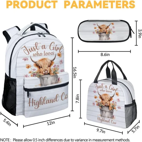 Vista 4 de Highland Cow - Mochila con lonchera, juego de 3 mochilas escolares a juego, bonita mochila blanca y estuche para lápices