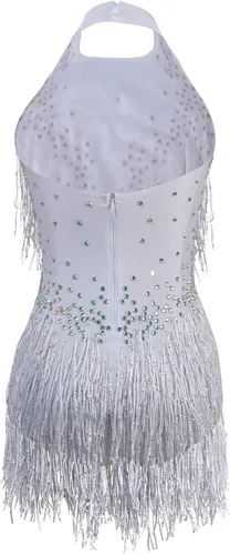 Vista 6 de Body blanco brillante con diamantes de imitación para mujer, traje de drag queen, trajes de baile con flecos